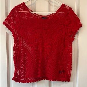 Express Red Floral Mesh Lace w/ Scalloped Trim Blouse - Size Small